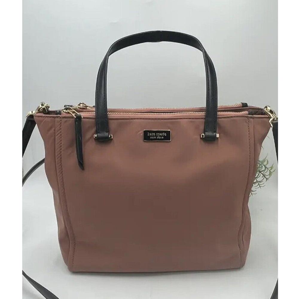 KATE SPADE Medium Satchel Dawn Sparrow Dusty Mauve Nylon Black Leather Tote Bag